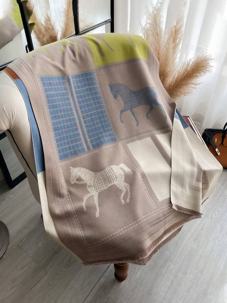 1pc Women's Double-Sided Faux Cashmere High-End Horse Pattern Jacquard Warm Scarf Shawl For Autumn/Winter Daily Use - Khaki - View 1
