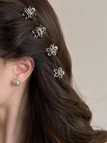 6pcs Women's Solid Color Metal Hollow Floral Hair Claw Clips, Y2K Personalized Street Style Side Hair Clips, Fashionable Campus Outfit, Suitable For Party, Prom, Daily Wear - Silver - View 3