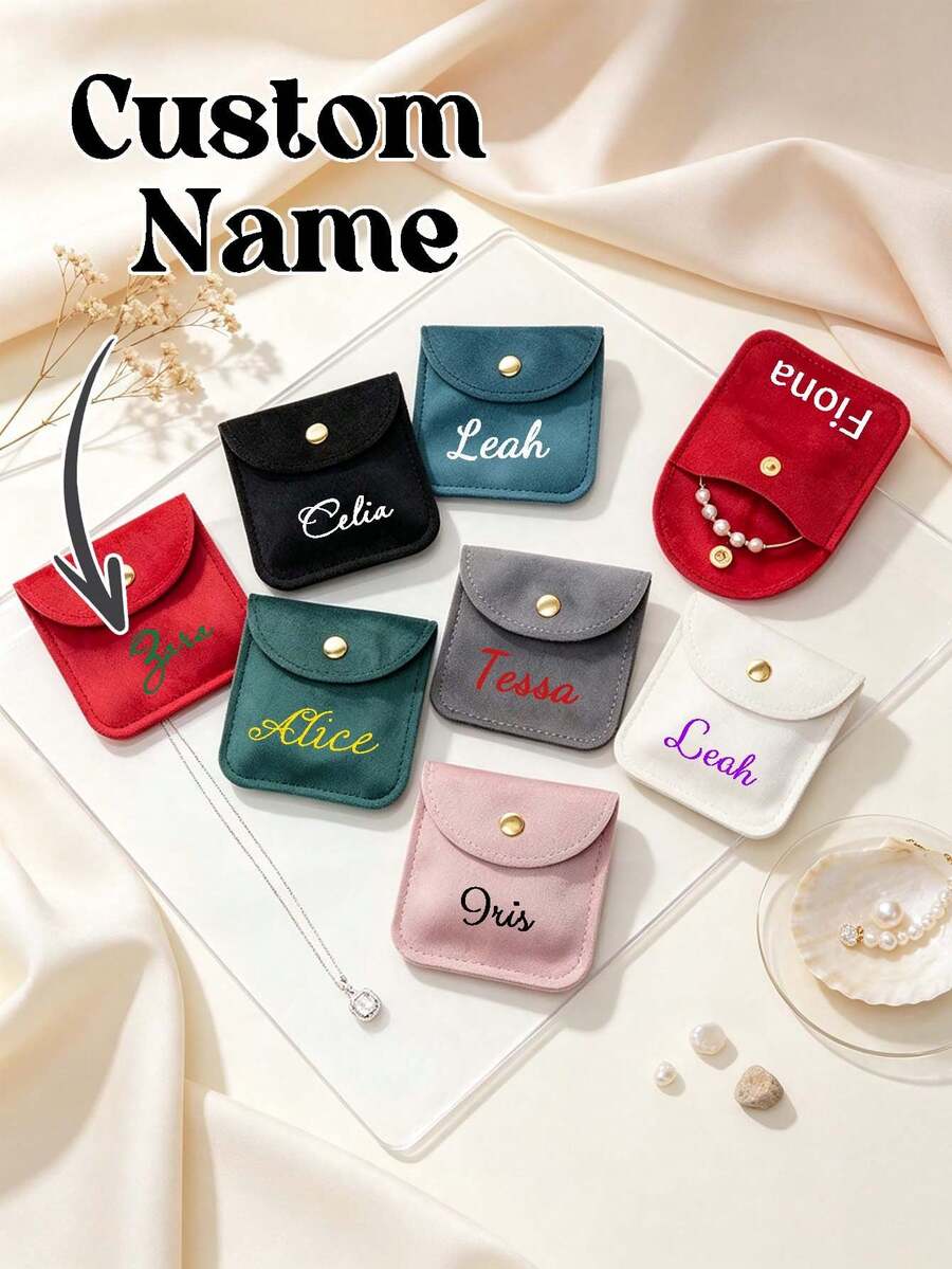 Personalized Custom Name Snap Button Jewelry Bag, Personalized Storage Pouch Portable Mini Bag, Suitable For Earrings, Rings, Necklaces, Bridal Bridesmaid Proposal Gifts, Portable And Compact, Convenient To Carry, Space-Saving - Multicolor - View 1