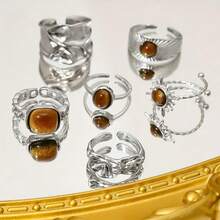 6pcs Natural Stone Open Adjustable Ring Set For Women, Vintage Luxury Niche Design - 6-piece Ring Set - View 3