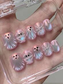 10Pcs Handmade Short Oval Press On Nails, Iridescent Pink Pearlescent Base, 3D Ghosts, Mummy Lines, Heart Spider Webs & Pink Drip Edges, Sweet Playful Minimal Halloween Nails - Pink - View 1