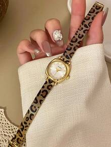 1件金色豹紋石英女錶，圓形，低調奢華，優雅精緻，百搭，適合派對與禮品 - 金色 - 查看 5