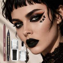 Fit Colors 3Pcs Goth Makeup Set, Double-Ended Heart Stamp Eyeliner Pen + Lip Liner + Black Lip Tint, Dark Gothic Halloween Costume Makeup Kit - Multicolor - View 4