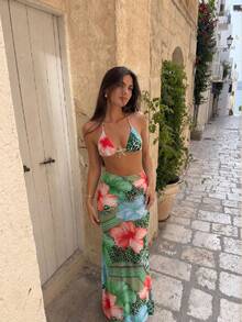 HOTTIE HABIT Women's Halter Triangle Bikini Floral Long Wrap Skirt 3 In 1 Beach Outfit Green Red Leopard Tropical Flower Print Swim Cover Up Summer Vacation - Multicolor - View 1