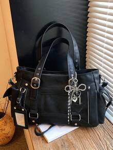 Fashionable Large Capacity Multi Pocket Solid Color Shoulder Bag, Simple Retro Punk Style Daily Underarm Bag, Suitable For Commuting, Daily Outings - Black - View 7