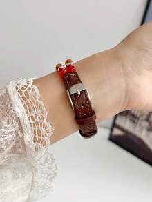 1pc Girls Kids Star Crystal Beaded Leather Watch Band Compatible With Apple Watch 41mm 40mm 38mm AppleWatch Leather Strap Elastic Casual Band Series11 10 9 8 7 6 5 4 3 2 1 SE Suitable For Stepless Adjustment Soft Smart Watch Band - Multicolor - View 7