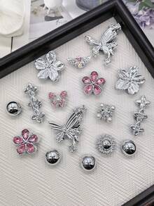 16pcs Shiny Rhinestone Flower Resin Shoe Charms, Luxury Silver & Pink Butterfly Clogs Shoe Clips, DIY Decoration Faux Pearl Shoe Accessories - Multicolor - View 12