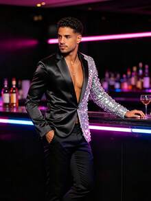 Blazer Pria Glamor Berpayet Besar, Setelan untuk Pertunjukan Panggung Bar Klub Malam - Perak - View 1