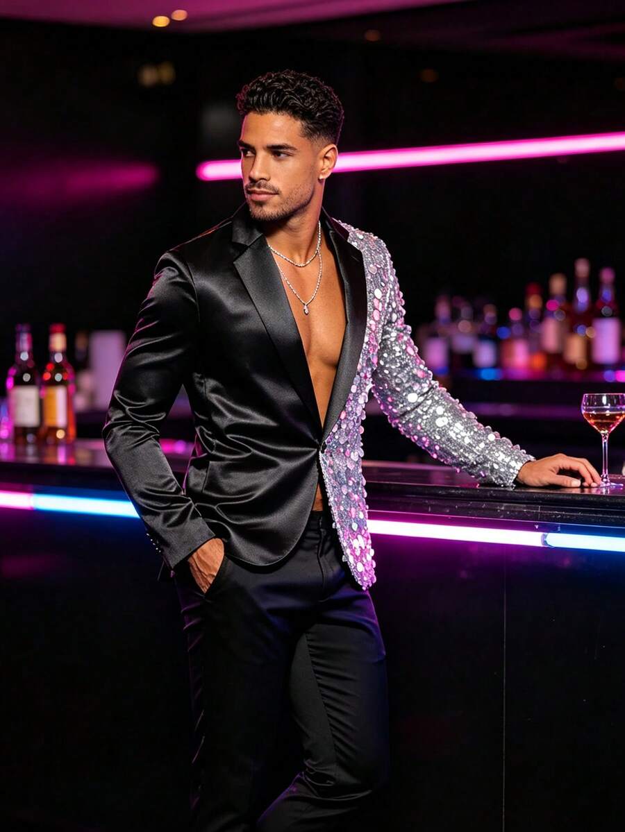 Blazer Pria Glamor Berpayet Besar, Setelan untuk Pertunjukan Panggung Bar Klub Malam - Perak - View 1