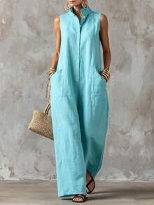 Women's Sleeveless Collared Button Front Top And Wide Leg Pants Two Piece Set Casual Linen Blend Outfit Collection - 薄荷藍 - 查看 9