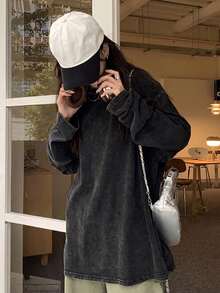 Women's Pure Cotton American Style Black Washed Distressed Fashion Vintage Street Casual Vacation Home School Hot Girl Unisex Loose Long Sleeve Crew Neck Sweatshirt - Black - View 3