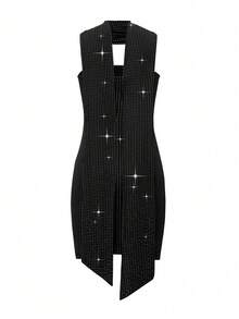 Women Fall Black Rhinestone Mini Dress,Strapless Backless Sash Bodycon Dress For Birthday Cocktail Going Out - Black - View 4