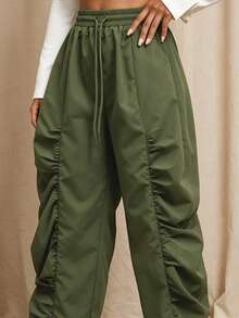 Women's Spring/Autumn Casual Elegant College Airport Outfit Ruffle Drawstring Pocket Single Piece Solid Color Woven Fabric Long Pants - Army Green - View 4