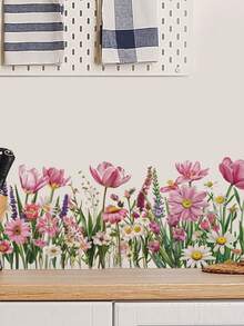 Watercolor Spring Tulip, Sunflower, Wildflower & Butterfly Waistline Wall Decal, Self-Adhesive Removable Waterproof PVC Decorative Sticker, Country Style Window Sill Glass, Bedroom, Living Room Wall Renewal Floral Window Sticker - Wall Stickers - View 2