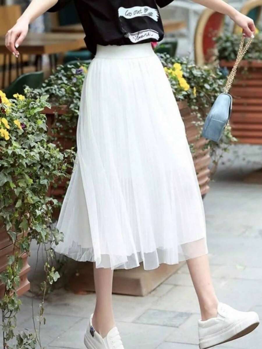 1pc Elegant Solid Color Tulle Skirt