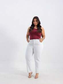 Basic Plus Size High-Waisted Mom Jeans Casual Simple Pocket Zipper Button - أبيض - مشاهدة 5