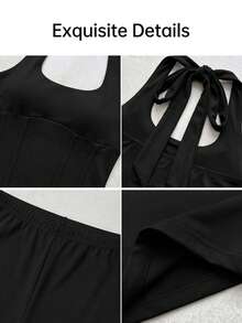 女款 2 件組 Y2K 套裝，黑色深 V 領掛脖綁帶修身 Bustier 上衣 + 七分褲，適合外出、街頭風與音樂節 - 黑色 - 查看 3