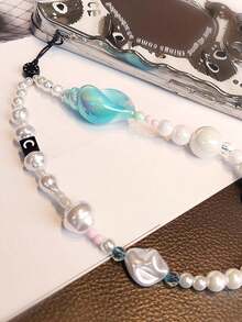 1pc Ocean Style Beaded Phone Charm, Pearl And Shell Pendant Phone Wrist Strap, Colorful Mobile Phone Lanyard For Phone Cases, Cameras, Keys And Bags, Cute Daily Phone Accessory - Multicolor - View 3