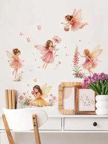 1pc Pink Wings Girl Floral Butterfly Wall Decor Sticker, Removable Room Decoration Wall Decal For Bedroom, Living Room, Girls' Children's Room - 1PC - View 4