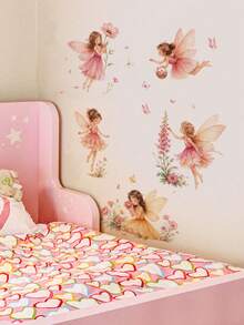 1pc Pink Wings Girl Floral Butterfly Wall Decor Sticker, Removable Room Decoration Wall Decal For Bedroom, Living Room, Girls' Children's Room - 1PC - View 5