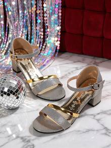 Luxury Shiny Snakeskin Print Dual-Tone Gold Strap Chunky Heel Platform Sandals, Women's Style, Adjustable Buckle Ankle Strap Design, Open Toe Style, Suitable For Evening Parties, Wedding Guest Attire, Daily Wear, Comfortable Heel - Baby Blue - View 7