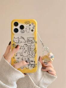 Casing Ponsel Gaya Korea dengan Motif Grafiti dan Liontin Kucing Lucu, Kompatibel dengan Apple 17 Pro Max, Lapisan Ganda, 16 Pro Baru, 17 Wanita, 15 Pro Kreatif, 14 Pelindung Ponsel Anti Jatuh Cakupan Penuh - Kuning - View 1