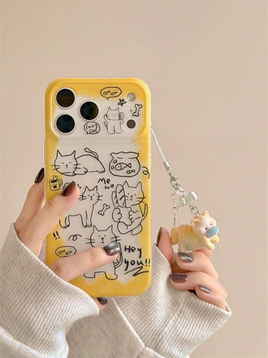Casing Ponsel Gaya Korea dengan Motif Grafiti dan Liontin Kucing Lucu, Kompatibel dengan Apple 17 Pro Max, Lapisan Ganda, 16 Pro Baru, 17 Wanita, 15 Pro Kreatif, 14 Pelindung Ponsel Anti Jatuh Cakupan Penuh - Kuning - View 1