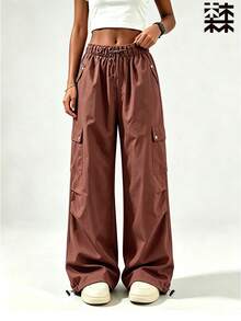 mulinsen Women's Elastic Waist Multi-Pocket Cargo Pants, Loose Wide Leg Drawstring Hem Casual Streetwear Long Pants - Rust Brown - View 4