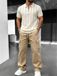 Men's Knit Polo Old Money Style Loose Fit Commute Hiking Fitness Versatile Outfit Set, Spring/Autumn - Multicolor - View 2