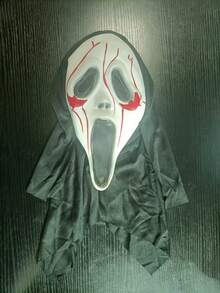 1 pièce Masque de visage de fantôme sanglant avec capuche noire, masque en latex de tête complète avec taches de sang rouge d'horreur criant, taille adulte, cosplay d'horreur d'Halloween, maison hantée, accessoire de fête de mascarade - Multicolore - Voir 13