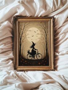 1pc Framed Canvas Wall Art Decor, Vintage Dark Academia Style Witch Riding Bicycle With Black Cat In Basket, Full Moon Autumn Silhouette Canvas Painting, Autumn Maple Tree Bat Dark Mood Halloween Oil Painting Print Poster, Quirky Pastoral Farmhouse Dark Aesthetic Decorative Wall Art, Suitable For Modern Home Decor, Room Decor, Halloween Decor, Halloween Poster, Witch Art, Gothic Poster, Halloween Home Decor, Halloween Gift - Witch - View 7