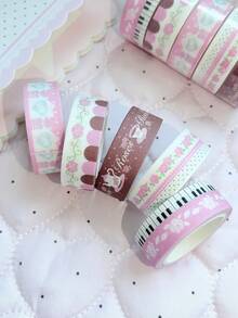 Set Pita Washi Motif Bunga Pastoral Romantis, Mawar Warna Macaron Mengkilap, Papan Ketik Piano, Pita Washi Dekoratif Motif Sulur Mawar, Cocok untuk Tata Letak Buku Harian, Pembuatan Kartu, Dekorasi Pembungkus Kado - A - View 2