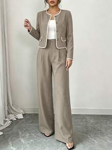 Round Neck Contrast Trim Short Blazer & Wide Leg Pants 2 Pieces Set, Khaki Textured High Waist Drape Trousers, Women's Business Casual Commute Luxury Suit - Apricot - View 4