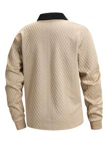 Men's Luxury Contrast Color Black Turn-Down Collar Diamond Grid Textured Long Sleeve Polo Shirt, V-Neck Jacquard Casual Top For Spring And Autumn - Khaki - View 5