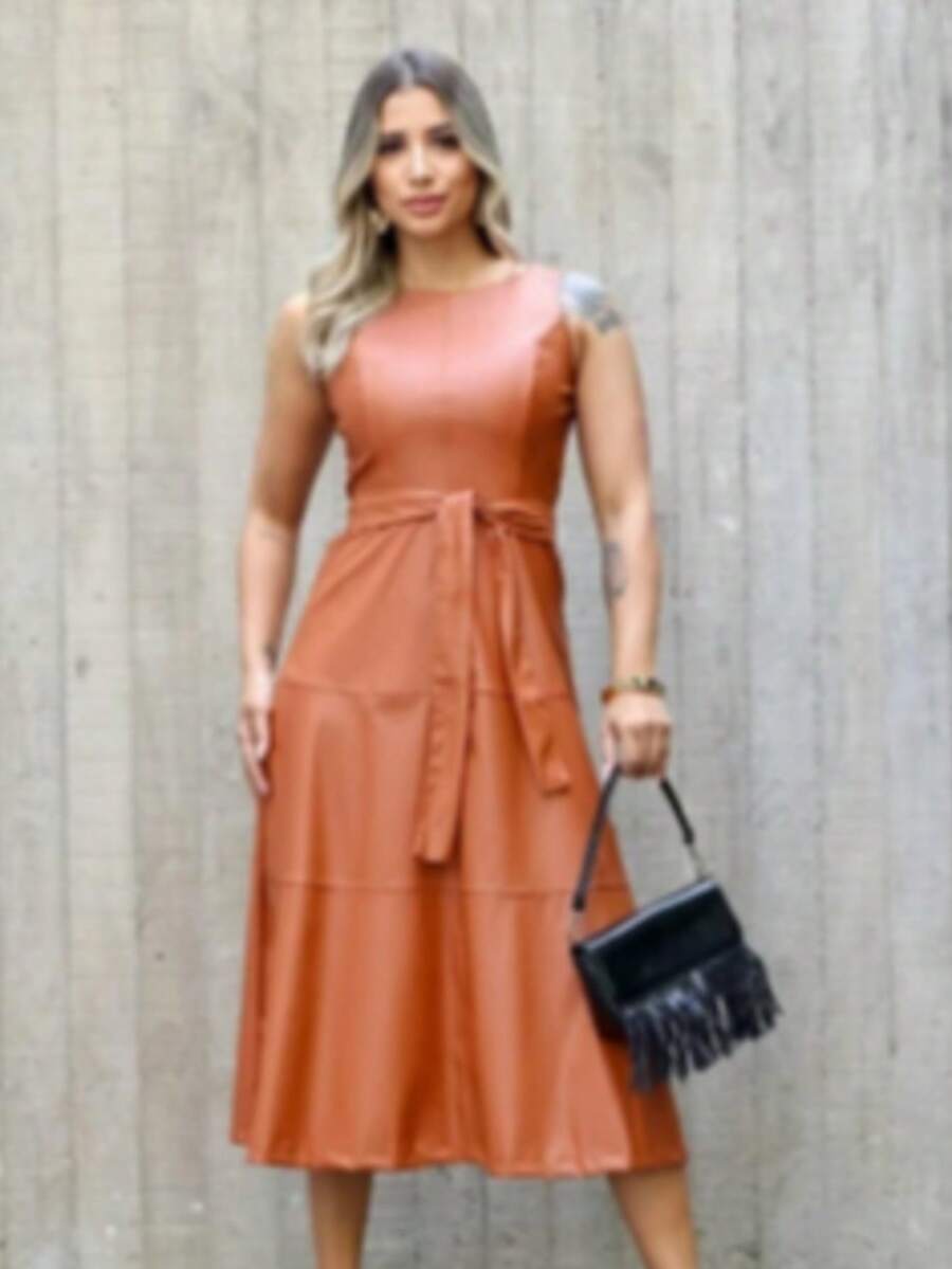 Vestido Feminino Midi de Tecido de Couro Preto - - Caramelo - Visão 1