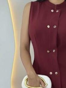 Formal Long Dress With Slit, Buttons, Pockets, High Neck, Tailored, Sensory, Marrant, Blogger Style 01 - Granate - Ver 3