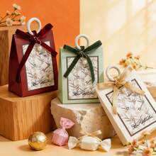 1/10/20pcs Vintage Floral Paper Gift Boxes With Velvet Bows And Wooden Handles, Portable Wedding Favor Packaging Bags, Suitable For Candy, Chocolate, Bridal Shower And Party Gift Wrapping - J-Multicolor - View 3