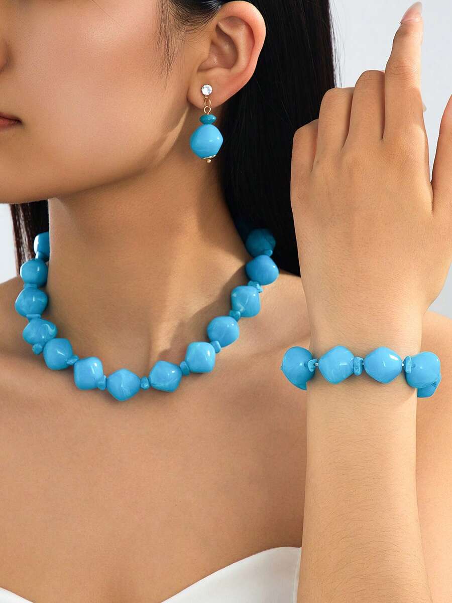 1套夏季海灘風橢圓寶石串珠多層項鍊、手鍊與耳環珠寶套裝，適合女性，海邊度假與旅行穿著，禮物 - 藍色 - 查看 1