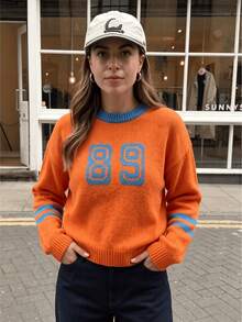 Women's Orange Colorblock 89 Number Print Crew Neck Knit Sweater, Striped Cuff Long Sleeve Autumn Casual Top - Orange - View 5