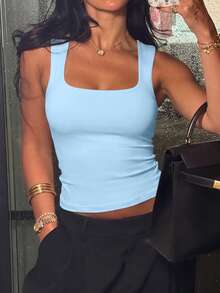 Women Square Neck Wide Strap Stretchy Slim Fit Crop Tank Top Basic Casual Camisole For Vacation Beach Street Daily Outdoor Wear - 藍色 - 查看 5