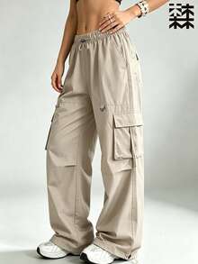 mulinsen Cargo Pants, Elastic Drawstring Waist, Multi-Pocket Wide Leg Tapered Hem Convertible Long Pants - Khaki - View 4