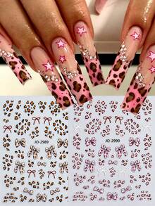 Cute Leopard Print Bow Nail Stickers, Thin Self-Adhesive Nail Art Decals With Brown Leopard Spots & Bow Patterns, Easy Apply Nail Decor For Women Girls - Multicolor - View 2