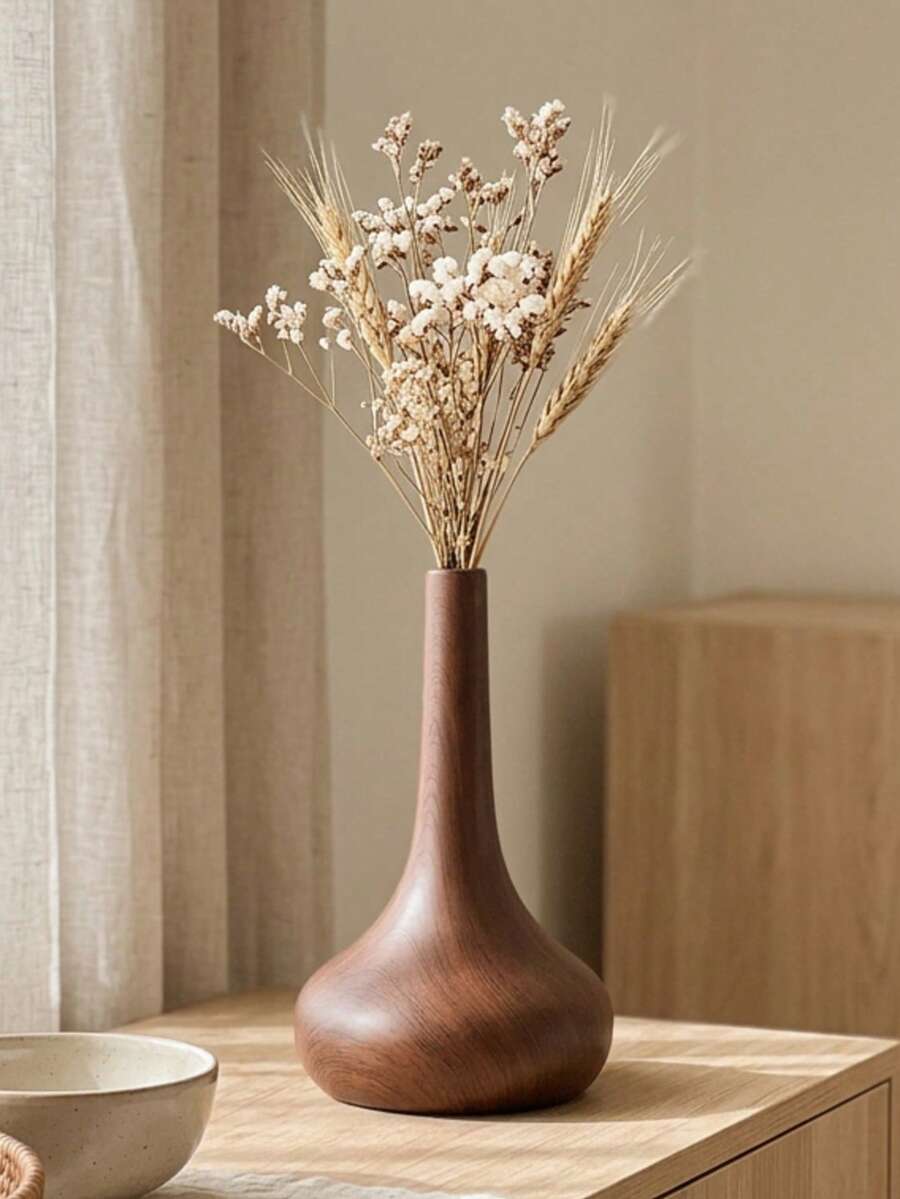 1Pc/Set Mirror Electroplated Metal Slim Neck Vase, Versatile Design Suitable For Multiple Styles, Applicable For Living Room, Dining Table, Office, Coffee Table, Desk And Home Decor. Suitable For: Birthday, Wedding, Christmas, New Year - Wood Grain Style - View 1