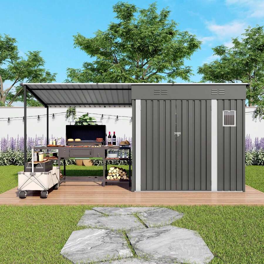Gazebo 12x4FT Metal Lean-To Shed With Open-Sided , 4'x6' Outdoor Storage & 6'x4' Hardtop Combo, 2-In-1 Garden Tool For Patio, Backyard, Organization Structure - A - View 1