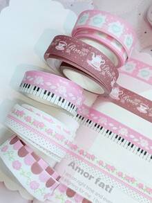 Set Pita Washi Motif Bunga Pastoral Romantis, Mawar Warna Macaron Mengkilap, Papan Ketik Piano, Pita Washi Dekoratif Motif Sulur Mawar, Cocok untuk Tata Letak Buku Harian, Pembuatan Kartu, Dekorasi Pembungkus Kado - A - View 4