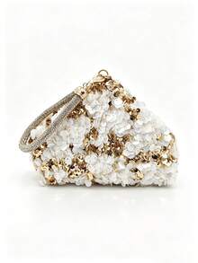 Tidet Ever Luxury Sparkling White Gold 3D Sequin Triangle Clutch Bag With Rhinestone Handle, Suitable For Wedding Ball Party Night Handbag - Gold - View 2