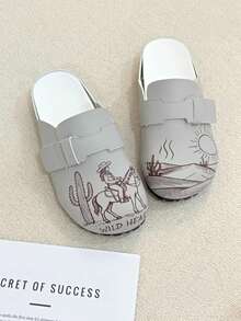 Women's Retro Cowgirl Print Buckled Clog Slippers, Comfortable Non-Slip Closed Toe Flat Mules For Daily Wear - Light Gray - View 2