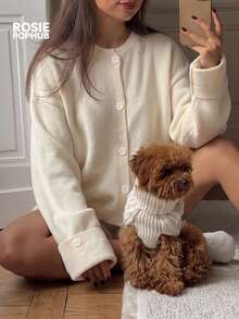ROSIE POPHUB Women's White Crew Neck Drop‑Shoulder Cropped Knit Cardigan, Elegant Daily Casual Loose Button Sweater For Autumn Winter - White - View 5