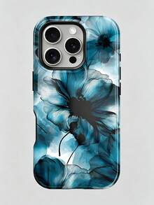 1pc Fashionable 2-In-1 Phone Case, Lake Blue Ink Floral Design, Full Coverage Hard Shell, Compatible With IPhone 17 Pro, 16e, 16 Pro, 15 Pro, 14, 13, 12, 11, XR And XS, Elegant Design Suitable For Men And Women, Perfect Gift For Girlfriend On Christmas, Valentine's Day, Easter, Wedding Season And Birthday - Teal Blue - View 5
