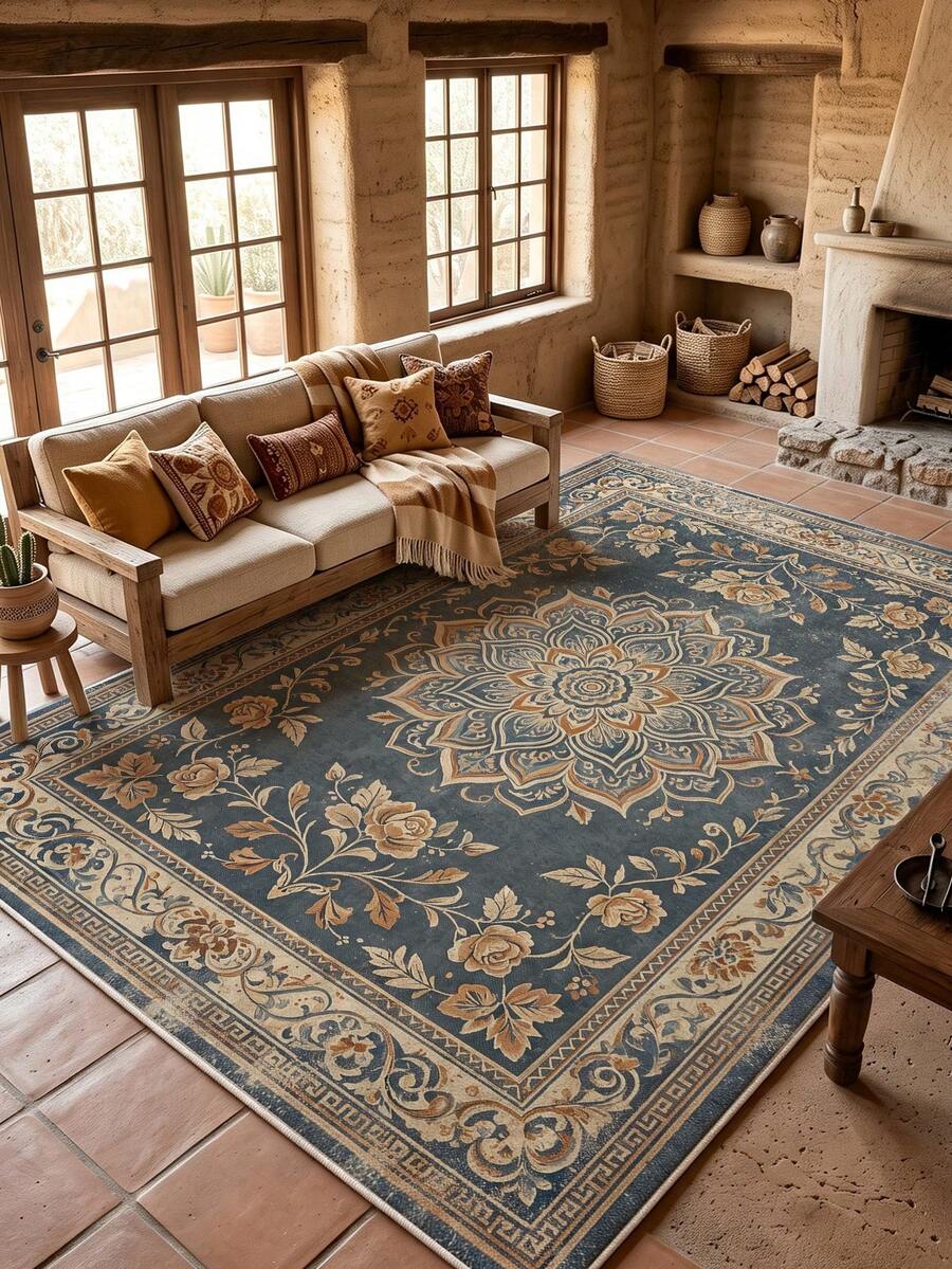 1pc Blue Bohemian Style Living Room Rug, Suitable For Kitchen, Dining Room, Bedroom Holiday Decor, Indoor/Outdoor, Office Anti-Slip Doormat, Bathroom Rug, Hallway, Study Gaming Area Rug - Navy Blue - View 1